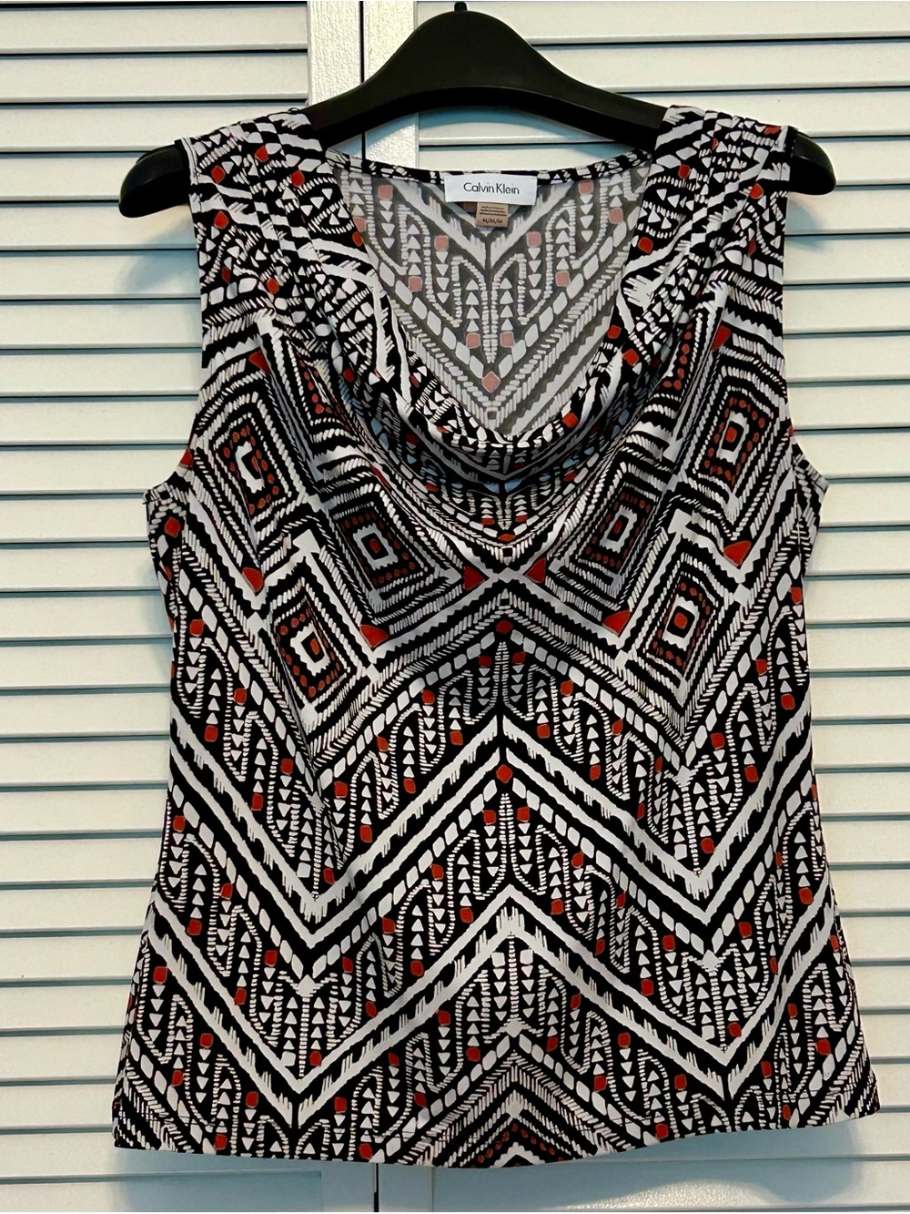 Calvin Klein Black, White & Red Geometric Sleeveless Cowl-Neck Top